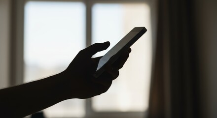Silhouette of a Hand Holding a Smartphone Against a Window Background