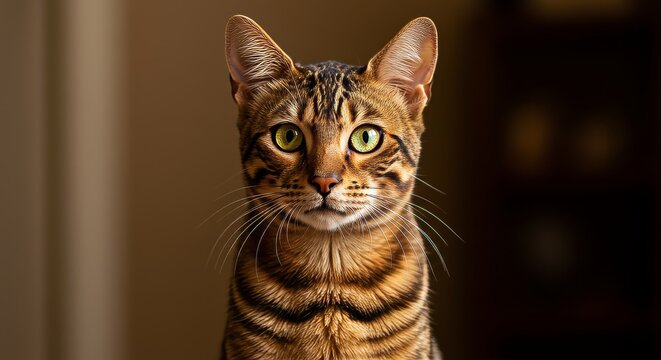 Portrait of a striking bengal cat with mesmerizing green eyes and unique markings