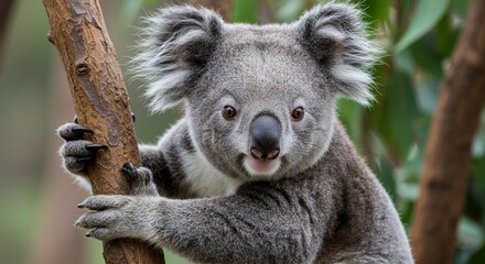 Adorable Koala on a Branch - Close-up of a cute koala clinging to a tree branch, showcasing its fluffy fur and endearing expression