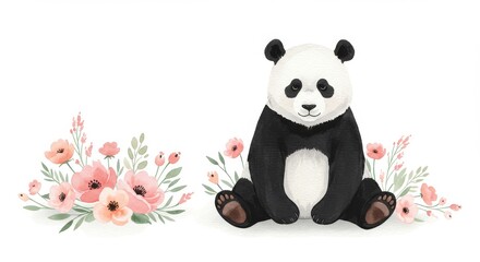 Adorable Panda Bear with Flowers - A cute panda bear sitting amidst delicate pink flowers, perfect for children's products, cards, or websites