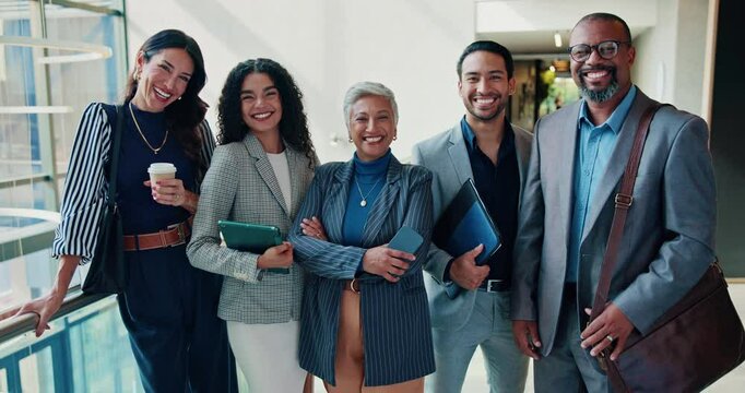 Face, team and happy business people in office for cooperation, about us and investment banking. Portrait, diverse group and confident workers together for finance, solidarity and corporate workforce