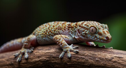 Fototapeta premium Exotic tokay gecko portrait, showcasing skin texture and captivating eyes on tree