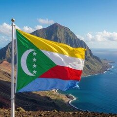 Waving Comorian Flag Representing Island Unity Against the Volcanic Coastal Landscape of the Archipelago