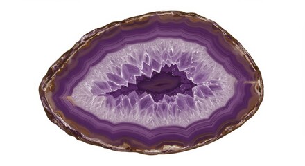 Amethyst Agate Slice Texture - Close-up of a polished amethyst agate slice, showcasing its intricate purple and white banding and crystalline structure. Natural stone texture