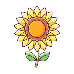 Illustration of a sunflower plant with yellow petals, leaves, and a brown center vector art