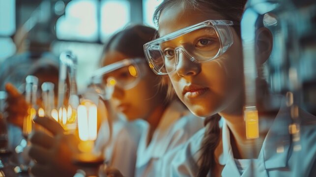Teenage girl wearing lab coat, safety glasses closely observing beaker experiment in science laboratory classroom showing serious focus interest participation in hands-on STEM education environment.