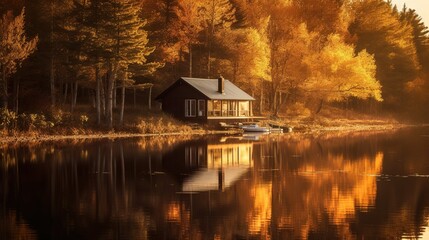 Fototapeta premium Autumn cabin by a lake (1)