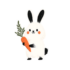 Cartoon bunny holding a carrot with rosy cheeks and long ears on a white background.