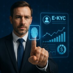 Businessman using fingerprint identification to access personal financial data. Idea