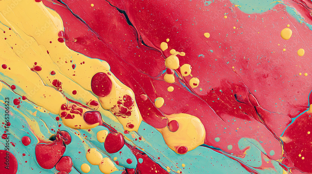 Aufkleber abstract artwork featuring swirling red, yellow, and teal paint, creating a dynamic and vibrant text