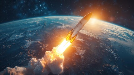 Obraz premium Rocket ascends above Earth breaking atmosphere