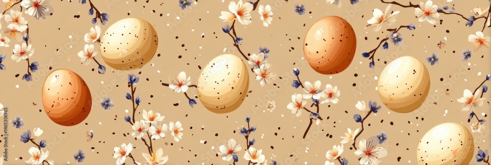 Aufkleber bright pattern featuring eggs and small flowers on a beige backdrop, perfect for spring or easter de