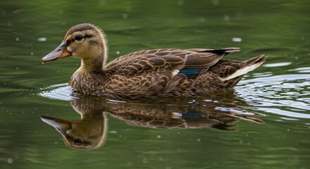 Mallard duckling swimming on water, serene reflection in the pond