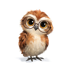 Fototapeta premium Adorable cartoon owl with round glasses, featuring bright eyes and fluffy feathers on a white backdrop.
