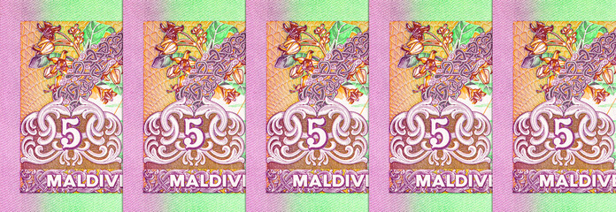 5 Rufiyaa Maldives, 2011 with a boat image. Paper money of Maldives. Banknote elements for...