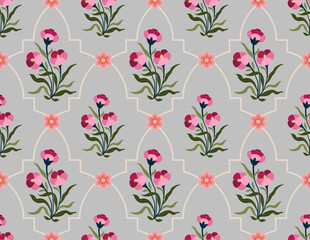 Hand drawn colourful geometric flowers, seamless patterns with floral for fabric, textiles, clothing, wrapping paper, backdrop, banner, illustration, abstract backgrounds.
