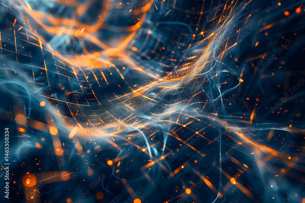 Aufkleber dynamic blue and orange digital network lines and nodes on a dark background, symbolizing connectivi