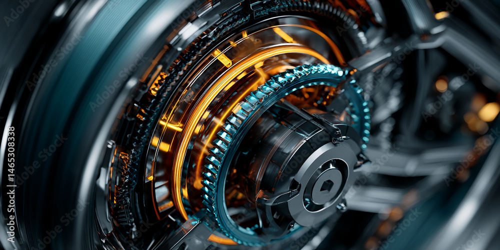 Poster close-up of intricate metallic gears, glowing orange and teal, showcasing precise engineering and te