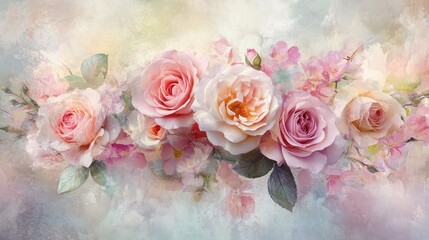 Delicate pastel roses and blossoms in a soft, romantic bouquet