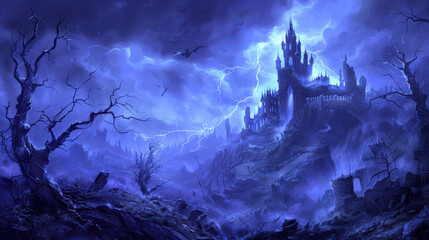 Obraz premium Old spooky mansion illuminated by lightning in night sky with dark clouds and barren trees creating mysterious and eerie scene full of fantasy and suspense