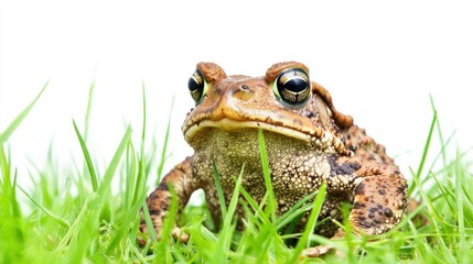 Obraz premium A toad hopping through a grassy field, with a playful demeanor, on a white background