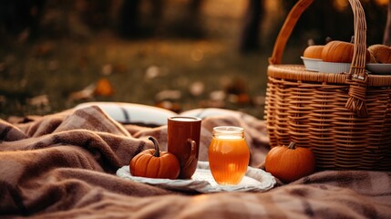 Fototapeta premium Autumn picnic with pumpkin drinks and fall foliage
