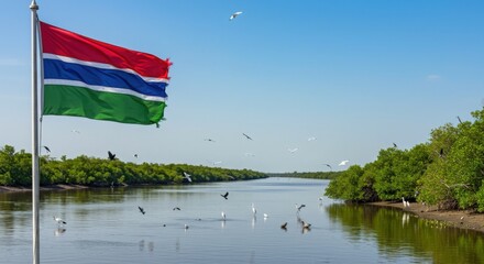 Waving Gambian Flag Along the Banks of the Gambia River with its Rich Mangrove Ecosystem