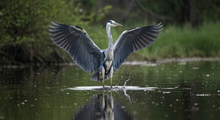 Graceful heron standing in shallow water with wings outstretched display
