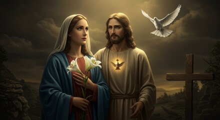 Jesus Christ and Virgin Mary, united by the Holy Spirit, embodying divine love © meka