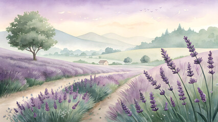 *Lavender Field Watercolor Background in Soft Purple & Green – Serene Fragrant Atmosphere with Copy Space*