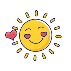 Smiling sun with heart eyes and a floating heart radiating love and happiness summer sunshine
