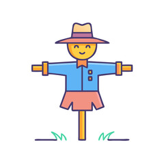 Illustration of scarecrow in field with hat and skirt, autumn harvest symbol, field guardian, farm icon