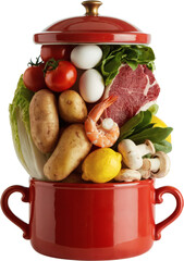 Fresh Ingredients Overflowing from Red Cooking Pot &ndash; Healthy Food Concept isolated on white transparent background clipart PNG
