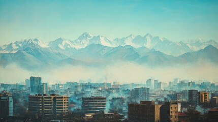 City nestled at the foot of snow-capped mountains