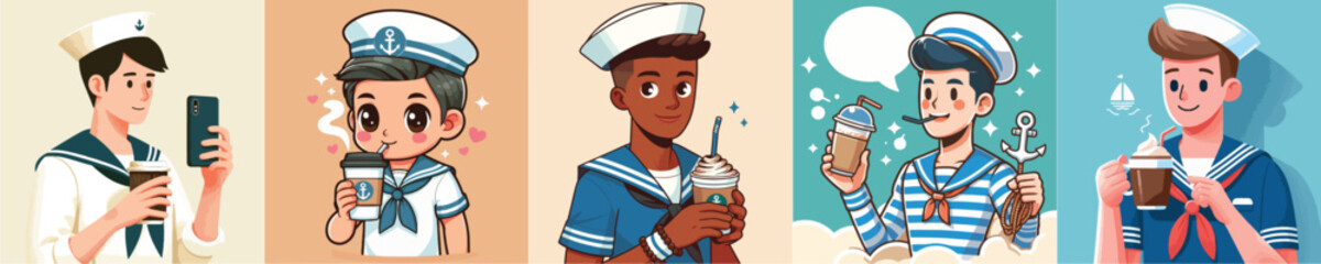 sailor character vector drinking coffee