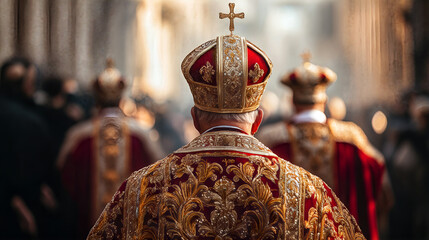 Ornate clergy robes and mitre in a religious procession at a historic cathedral event