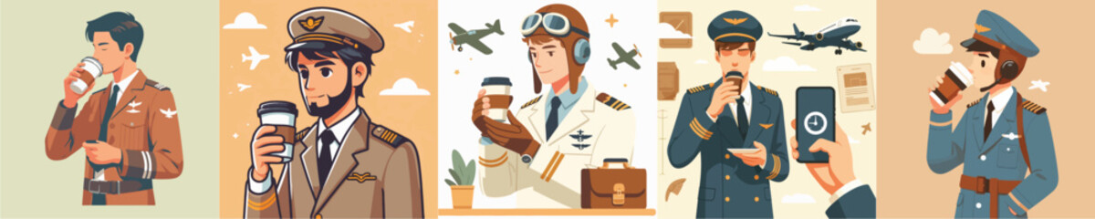 pilot character vector drinking coffee