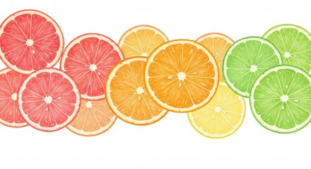 Colorful Citrus Slices Gradient Clipart - Vibrant citrus fruit slices arranged in a color gradient, symbolizing freshness, health, vitality, summer, and zest