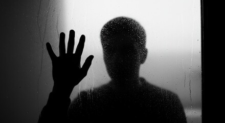 Silhouette of a solitary figure behind a rain-streaked window, portraying themes of loneliness and isolation