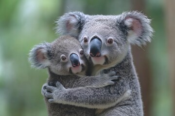 Fototapeta premium Koala mother hugging her baby in a lush forest