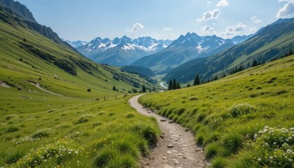Naklejka premium Serene Alpine Trail: A Picturesque Hike Through Mountain Meadows