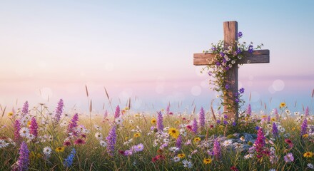 Wooden Cross Adorned with Flowers in a Meadow at Sunrise Serenity