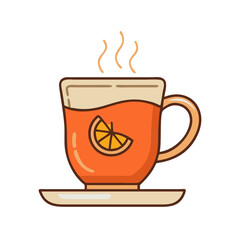 Illustration of hot orange tea cup with steam and lemon slice beverage drink vector graphic