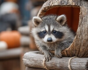 Adorable baby raccoon in a carved pumpkin