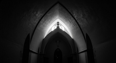 Dramatic monochrome interior view of church architecture with cross
