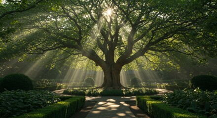 Obraz premium Majestic old tree with sun rays in a serene garden landscape scene