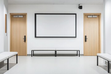 A minimalist waiting area with a blank projection screen, light wooden accents, and white upholstered benches offers a clean, modern, and functional space designed for comfort and simplicity.