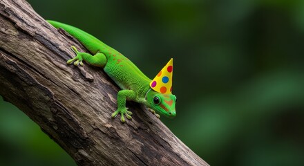 Fototapeta premium Festive reptile portrait: Green gecko celebrates with a vibrant party hat