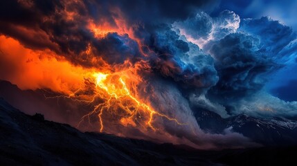 A dramatic shot of lightning striking in the distance against dark storm clouds, creating an intense