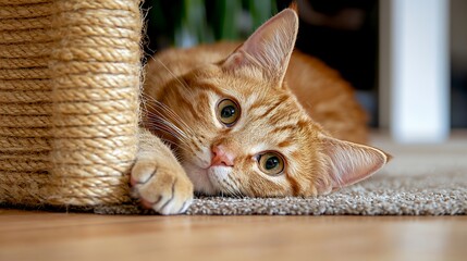 Ginger Cat Relaxing on Carpet with Cat Scratching Post